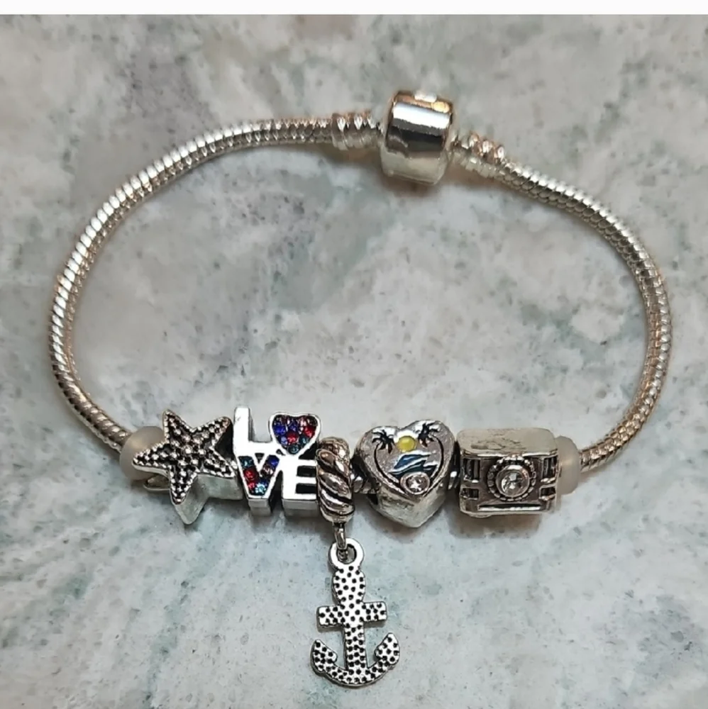 Silver Charm Bracelet with Nautical and Love Charms